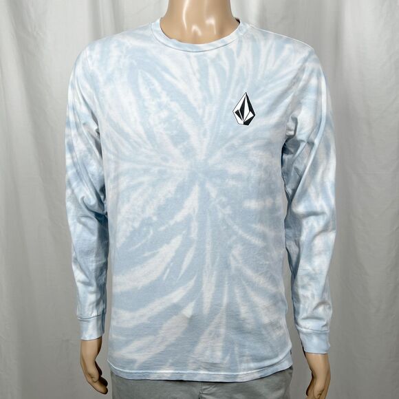 Volcom Men's Medium Blue White Tie Dye Stone Logo Modern Fit Long Sleeve T-Shirt - Picture 1 of 8